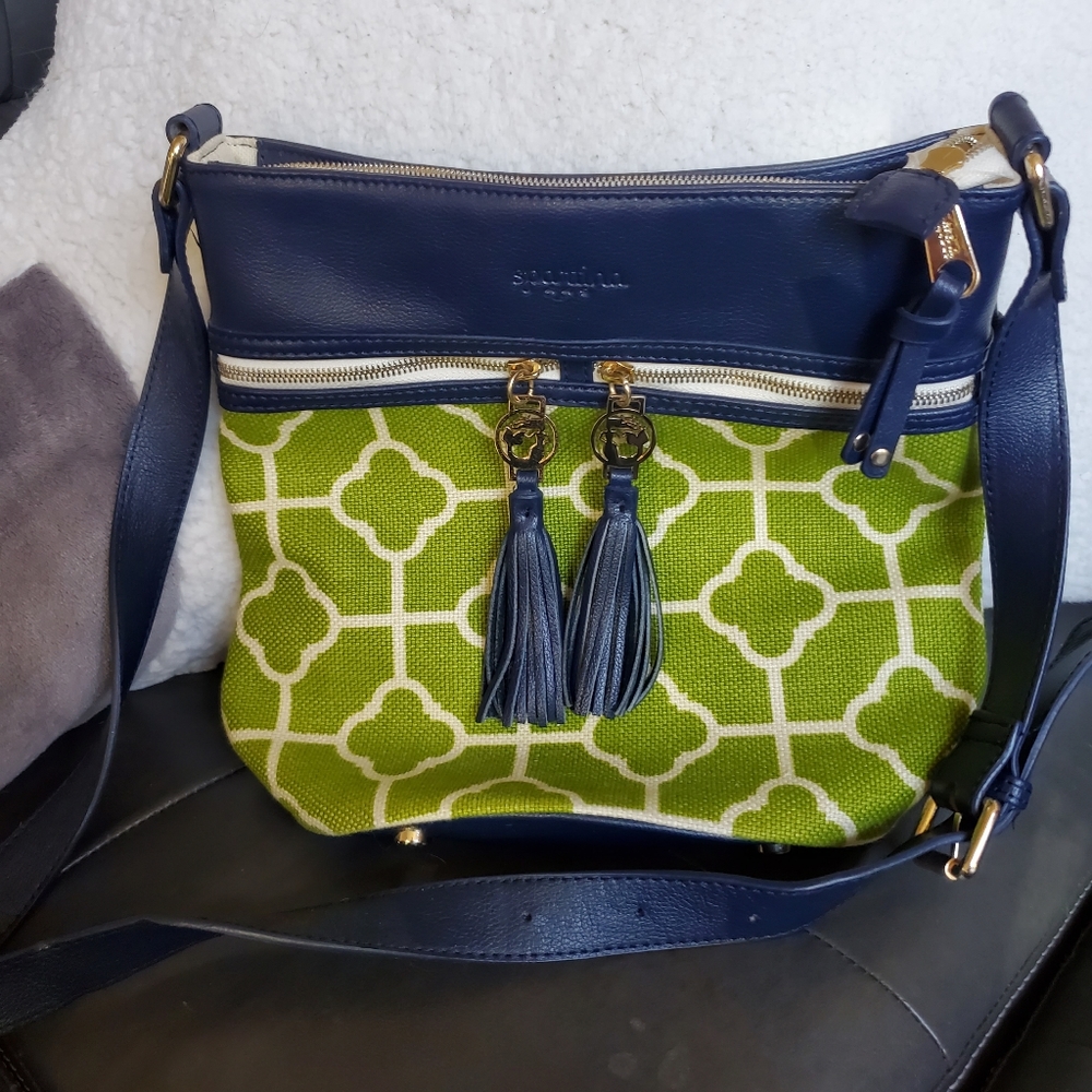 Spartina 449 Zipper Hipster Crossbody Bag Martinangel Pattern Green Navy Linen